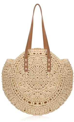 Mayoii Beach Bags for Women,Straw Beach Bag with Laether Handle for Travel,Holidays.Handmade Hollow Circular Straw Bag, Fashionable Female One-Shoulder Woven Summer Ornament (Cream-Coloured)