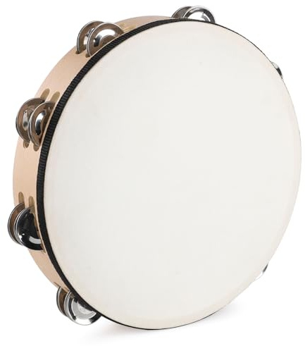 LIEKE Goatskin Tambourine 10 Inch Beechwood Hand Held Drum for Adult with 8 Pairs Metal Jingles for Music Classroom Dance Party Church Game Props