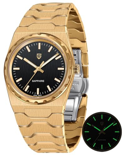 Pagani Design Herrenuhr, 7MM Ultradünn Minimalistisch Quarzuhr, 37MM Saphirglas 316L Edelstahl Leuchtend, 100M Wasserdicht Geschäfts Uhren (Gold Schwarz)