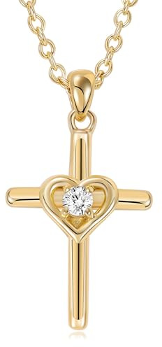 QUADRI Collier croix en Argent 925 avec zircon cubique - Collier avec grande croix et coeur 45 + 5 cm - Bijoux Élégants et simples pour le Cadeau de maman Mère Petite amie Soeur