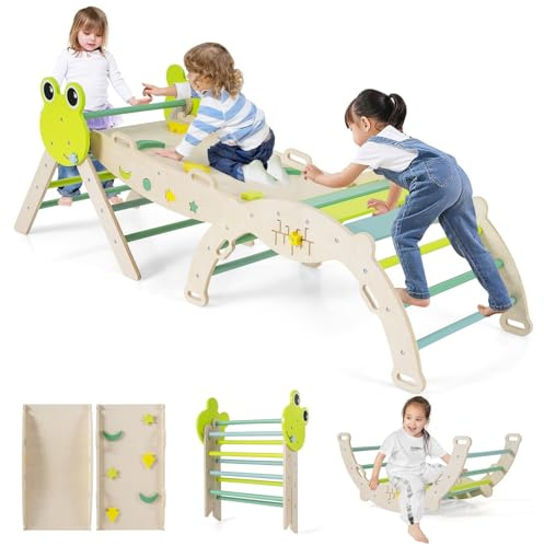 COSTWAY 7 in 1 Set da Arrampicata per Bambini, Giocattoli da Arrampicata in Legno con Rampa Scala e Arco, Gioco del Labirinto, Giochi Montessori per Bambini 1 Anni + (Rana 3 pezzi, Verde)