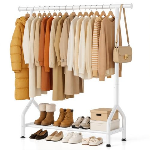 EAGMAK Sturdy Clothing Racks with Shelf, Metal Clothes Rack with Leveling Feet for Hanging Clothes, Freestanding Garment Coat Rack for Bedroom, Apartment & Small Spaces, White