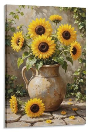 Sunflowers in Rustic Jug on Stone_2 Framed Canvas Wall Art 8x12 Inch, Modern Minimalist Canvas Print Wall Decor for Living Room Bedroom Office, Ready to Hang Small Artwork for Home Kitchen Bathroom Ho