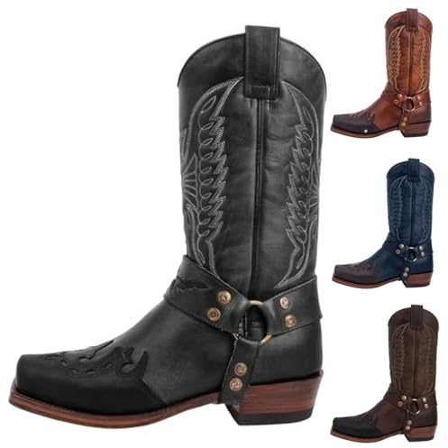 Bkazwe Bottes de Cowboy Larges Classiques Vintage Mi-Mollet, Bottes Western Brodées à Bout Pointu Et Talon Bloc, Hommes Botte PU Cuir Équitation Casual Vintage Broderie Bout Carré Western Cowboy