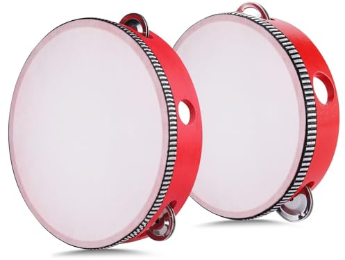 Flexzion Handhållna tamburiner – 8 och 6 tums set med 2-pack, med en rad metall bjällerklocka (röd) handhållen tamburin slagverk trumma måne musikalisk pedagogisk leksak instrument för barn vuxna