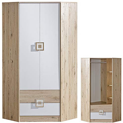 Furniture24 Eckkleiderschrank NICO 02, Eckschrank, Drehtürenschrank, Schrank mit 2 Schubfächern, 3 Einlegeboden und Kleiderstange (Hell Eiche/Weiß/Hell Eiche)