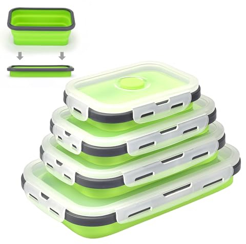 MEGYAD Lot de 4 boîtes de rangement alimentaire pliable : conservateur à gel de silice - Organisateur réfrigérateur - Boîte déjeuner anti-fuite