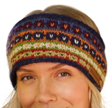 Pachamama Women Wool Ear Warmer Headband Fleece Lined Handknitted Navy Multicoloured One-Size Handmade Fair Trade