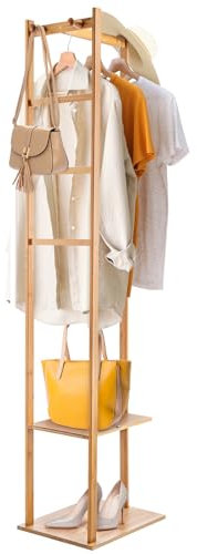 CROWNSHOP Coat Stand Rack Bamboo Corner Coat Rack Clothing Rack 155Cm Clothes Rails for Bedroom Stand Hall Trees Free Standing Hanging Rail Garment Rack With 2 Shelves 3 Hanger Hooks and Pants Hanger