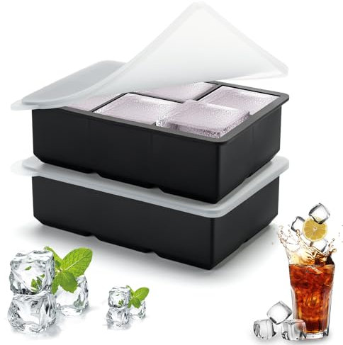FIOUSY Moule à glaçons en silicone - Grand bac à glaçons - 6 compartiments - Sans BPA - Pour boissons fraîches, (2 Carré noir)