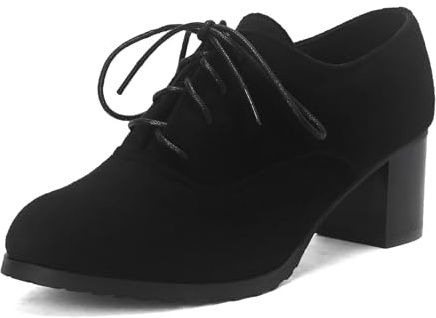 SHEMEE Women's Block Heels Oxfords Lace Up Brogues Faux Suede Chunky Heel Oxford Pumps Retro Victorian Laced Oxford Brogue Derby Shoes Black,Size 11