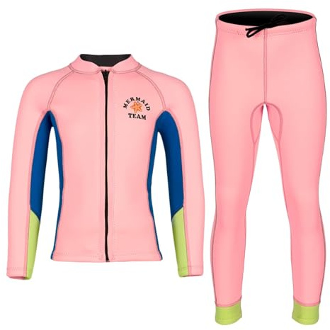 SPSMOKH Barn neopren våtdräkter tvådelad kompression termiska baddräkter dragkedja skjortor med leggings (rosa, 7-8 år)