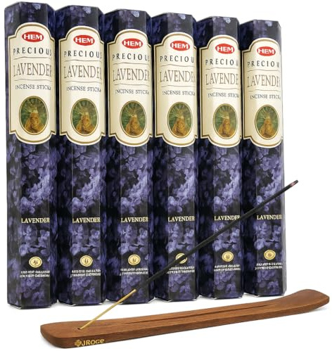 HEM Precious Lavender Incense Sticks – 6 Packs (120 Sticks Total) with JRose Incense Burner – Aromatherapy, Meditation, Relaxation & Home Fragrance