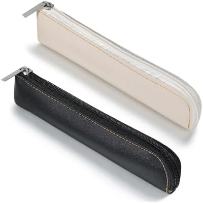 FUGLUS 2Pcs estuches delgados para lápices, estuche de cuero para lápices, estuche pequeño con cremallera, bolsa de cosméticos portátil para suministros de papelería, negro/beige