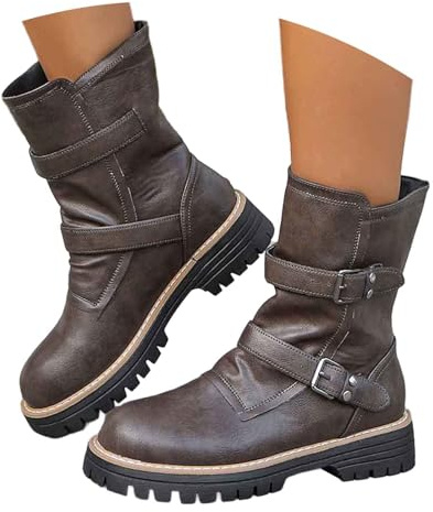 Generisch Stivaletti da donna con fibbia, eleganti, in pelle scamosciata, a mezza altezza, a punta, O marrone, 38 EU