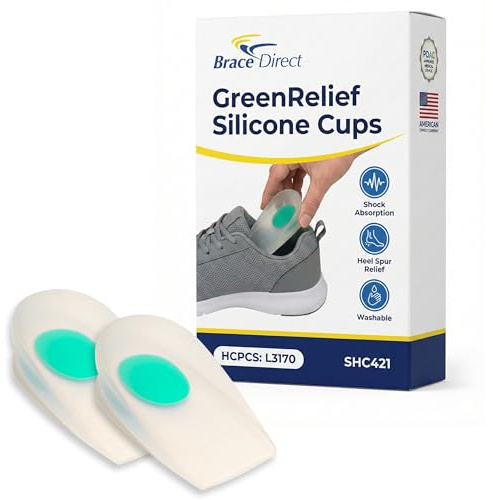 Brace Direct GreenRelief Silicone Heel Cups - Shock Absorbing Heel Inserts for Plantar Fasciitis, Heel Spurs, and Achilles Discomfort - One Pair (S-XL) L3485