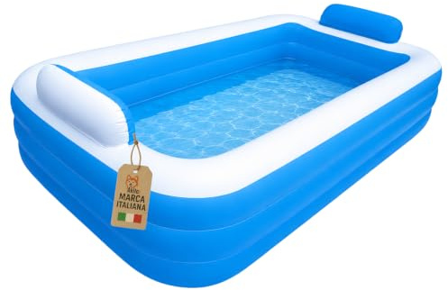 Akitaink Piscina Gonfiabile 305x183x56 cm con 3 Anelli, Piscina Familiare in Vinile Resistente per Giardino, Colori Azzurro e Bianco, Adatta ad Adulti e Bambini dai 6 Anni