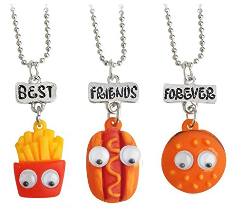 Bästa vänner för evigt och alltid vänskapshalsband med 3 hamburger-korv, varmkorv, fritter, kreativ, metall, utan sten, Metall, utan sten