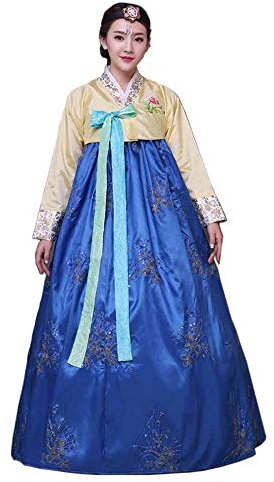Robe Hanboks traditionnelle coréenne à manches longues pour femme Déguisement de cosplay pour femme Costume de danse de mariage coréen (taille M, bleu)
