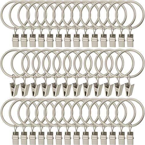 Amzseven Lot de 40 anneaux de rideaux en métal avec clips, clips de draperie, crochets décoratifs pour tringle à rideau avec œillets de 3,8 cm de diamètre intérieur, antirouille couleur argent