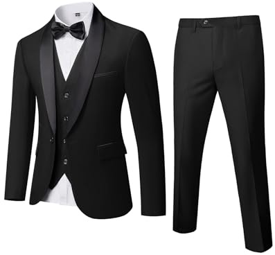YND Men's 3 Piece Slim Fit Tuxedo Set, One Button Shawl Collar Solid Jacket Vest Pants with Bow Tie, Black