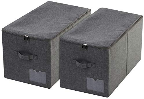 Amonsen Pack of 2, Larg Size Folding Bedroom Wardrobe Clothes Storage Baskets with Zip Lid, Black Gray