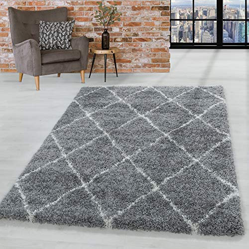 HomebyHome Teppich Wohnzimmer und Schlafzimmer Shaggy Teppich Skandinavisch Raute Design Grau und Weiss 200x290 cm (200x300 cm)- Hochflor Teppich Extra Weich Pflegeleicht - Carpet Living Room