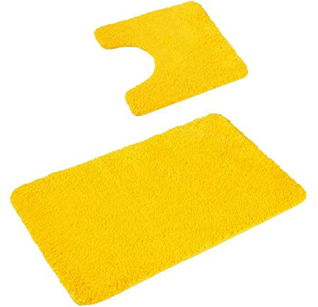 PANA® 'Florenz' Badteppich Set • Flauschige Vorleger für Badezimmer und WC • Waschbare und rutschfeste Badematten • Set: 45 x 45 cm mit WC-Ausschnitt + 50 x 80 cm • Farbe: Gelb
