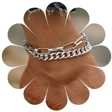 Yienate Bracelet De Cheville Argenté À Chaîne Cubaine, Chaîne De Pied Punk, Bracelet De Cheville Minimaliste De Plage, Ensemble De 2 Bijoux De Pied, Cadeau Pour Femmes Et Filles.