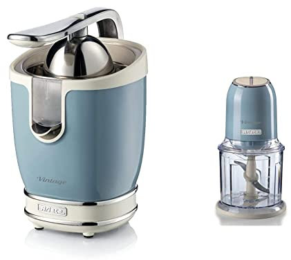 Ariete 413 Presse-agrumes vintage électrique avec levier, 2 cônes pour fruits grands et petits & 438 Hachoir Vintage, Hachoir à glace, 2 vitesses, 4 lames en acier inoxydable, 600 ml, 400 W, Bleu