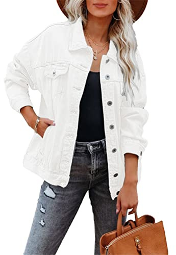 Tomwell Chaqueta Vaquera para Mujer Jacket Denim con Manga Larga Chaqueta de Mezclilla con Bolsillos Abrigo Rasgado de Jean para Otoño Invierno A Blanco XXL