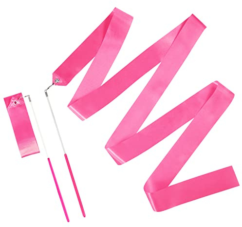 KINBOM 2 Pezzi Nastri da Danza, 2 m Nastro da Ginnastica Ritmica per Bambini Ribbons Dance per Festa Allenamento Danza Artistica, con Bacchetta da Ballerino a Nastro (Rosa)