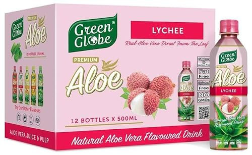 Green Globe Aloe Vera Juice Drink 500 ml | Original Aloe Vera Juice for Hair and Skin | Bundle Pack | (Lychee Aloe Vera Drink, Pack of 12)