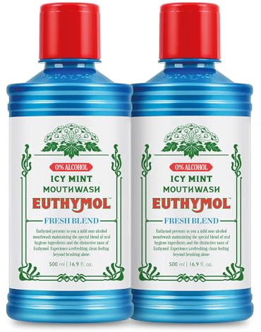 Euthymol Mouthwash Icy Mint 500ml X2, Med Fluor, Alkoholfri, Stark Smak, Minskar Plack, Rengör Tänder & Tandkött, Frisk Andedräkt, Daglig Mun- & Tandvård