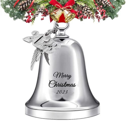 Christmas Bell Ornament 2026, Angel Sleigh Bell, Home Bells Decor Silver Decorative Bell for Tree (Silver Merry Christmas)