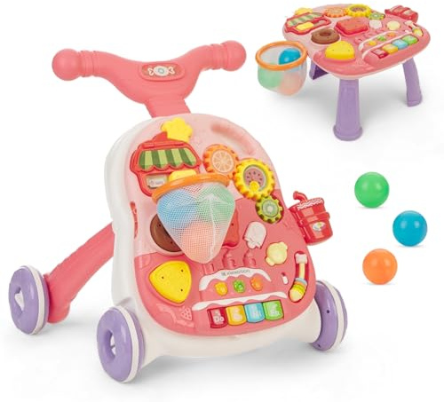 KikkaBoo Andador Bebé Primeros Pasos 2 en 1 Candy Party, Desde 6 Meses, Caminador de Actividades Multifunctional, Panel Interactivo con Música y Luces, Aprende a Caminar, Rosa