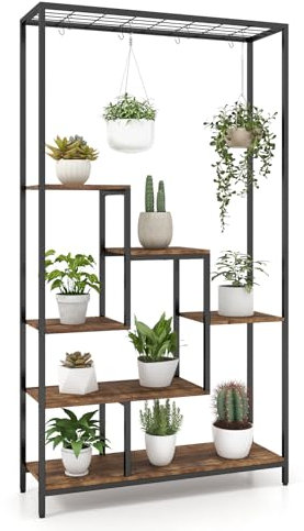 COSTWAY Pflanzenständer 6 Etagen, 180 cm Pflanzenregal Metall, Blumenregal mit 10 S-Haken & Gitterablage, Blumenständer Blumentreppen für Balkon, Wohnzimmer (Rustikales Braun)