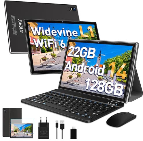 JUEDUR Tablet 10 pollici Android 14,22GB RAM+128GB ROM(1TB TF), tablet in offerta/Widevine L1/8000mAh/Octa-Core/2.0Ghz/5G WiFi 6/ 8MP+5MP/BT 5.0/Tablet con Tastiera+Custodia+Mouse, Nero