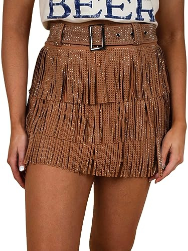 ChiyeeKiss Womens Sparkle Rhinestone Fringe Skirt Elastic Waistband Short Mini Dress with Adjustable and Removable Belt(0002-Brown-XXL)