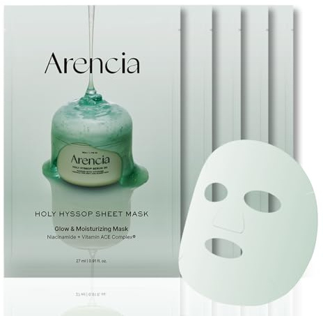 Arencia Hyssop Glow Sheet Mask, 5 Pack, Hydrating, Glowing, Boosting, Repairing for younger looking skin with Vitamin A,C,E