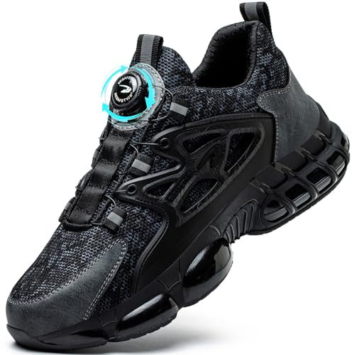 Leichte Sicherheitsschuhe Herren Drehknopf Arbeitsschuhe Atmungsaktiv rutschfeste Stahlkappenschuhe Sportliche Safety Shoes Selbsthemmend Schnellverschluss Schutzschuhe Schwarz 45 EU