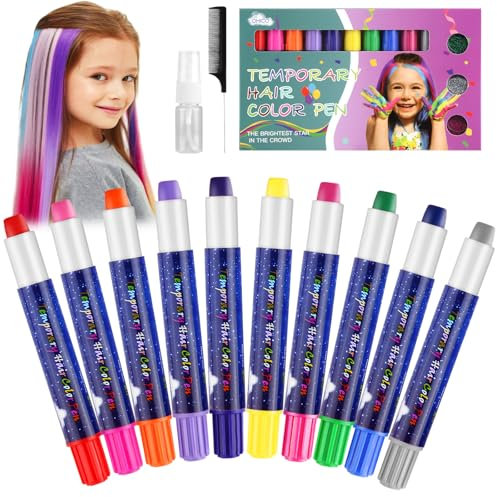 Hair Chalk - Gesso per capelli per bambini, 10 colori, colori temporanei, atossico e lavabile, per ragazze, con pettine e flacone spray, per tintura temporanea, capelli colorati