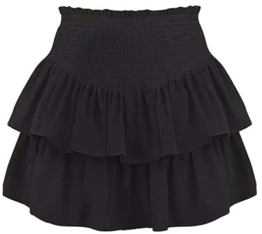 falda corta para mujer, con volantes, color sólido, informal, para verano, acampanada irregular, bonita falda de patinador con pantalones, Negro, M