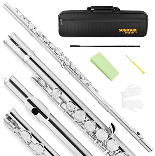 SONICAKE C Flutes Closed Hole 16 Keys Flute for Beginner Flute Instrument with Stand, Carrying Case, Gloves,Tuning Rod, Nickel QFL-01