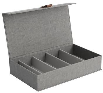 hausleben Aufbewahrungsbox für Brillen mit 5 Fächern - Hochwertige Aufbewahrungsbox aus Leinen mit Deckel - Verstärkt mit Holz - für Damen & Herren - Grau - 30x17x6 cm