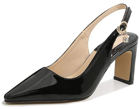 Women's Patent Leather Slingback Pumps, 7cm Chunky Heel with Crystal Buckle & Open Back, Summer Fashion Shoes,Black,5 UK