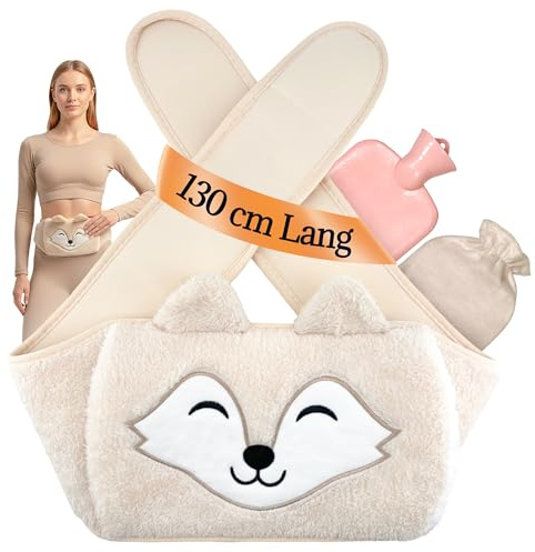Wärmflaschengürtel Fuchs,Langer 130cm,Groß 1l Gummi Wärmflasche mit Bezug,Wärmeflasche,Hot Water Bottle,Tier Wärmflasche Gürtel für Periode,Nacken,Schultern,Beine,Bauch,Rücken,Taillenwärmung,Geschenk