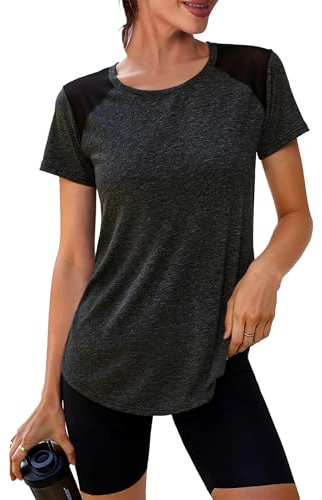 Crewhpo Funktionsshirt Damen Kurzarm Sportshirt Back Mesh Sportshirt Leicht Laufshirt Fitness Locker Sport Oberteile Atmungsaktiv Sport Tshirt Für Yoga Tennis Schwarz XXL