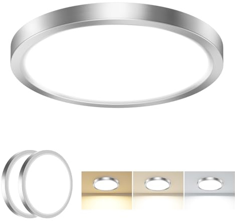 slochi 2Pack Bathroom Light, 3000K/4000K/6500K 3 Color Temperature, Waterproof, Small, Round, Modern, Flush Ceiling Light for Bathroom, Kitchen, Bedroom, HallwayØ18CM(Brushed Nickel)