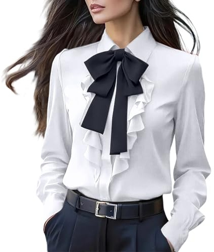 Blusas de satén para mujer, de seda, de manga larga, con lazo, cuello con volantes, de gasa, con botones, para el trabajo